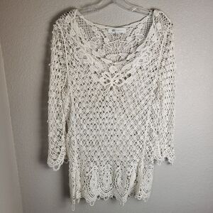 Fever White Lacey Long Crocheted Top 3/4 Sleeves Women's  Size XL